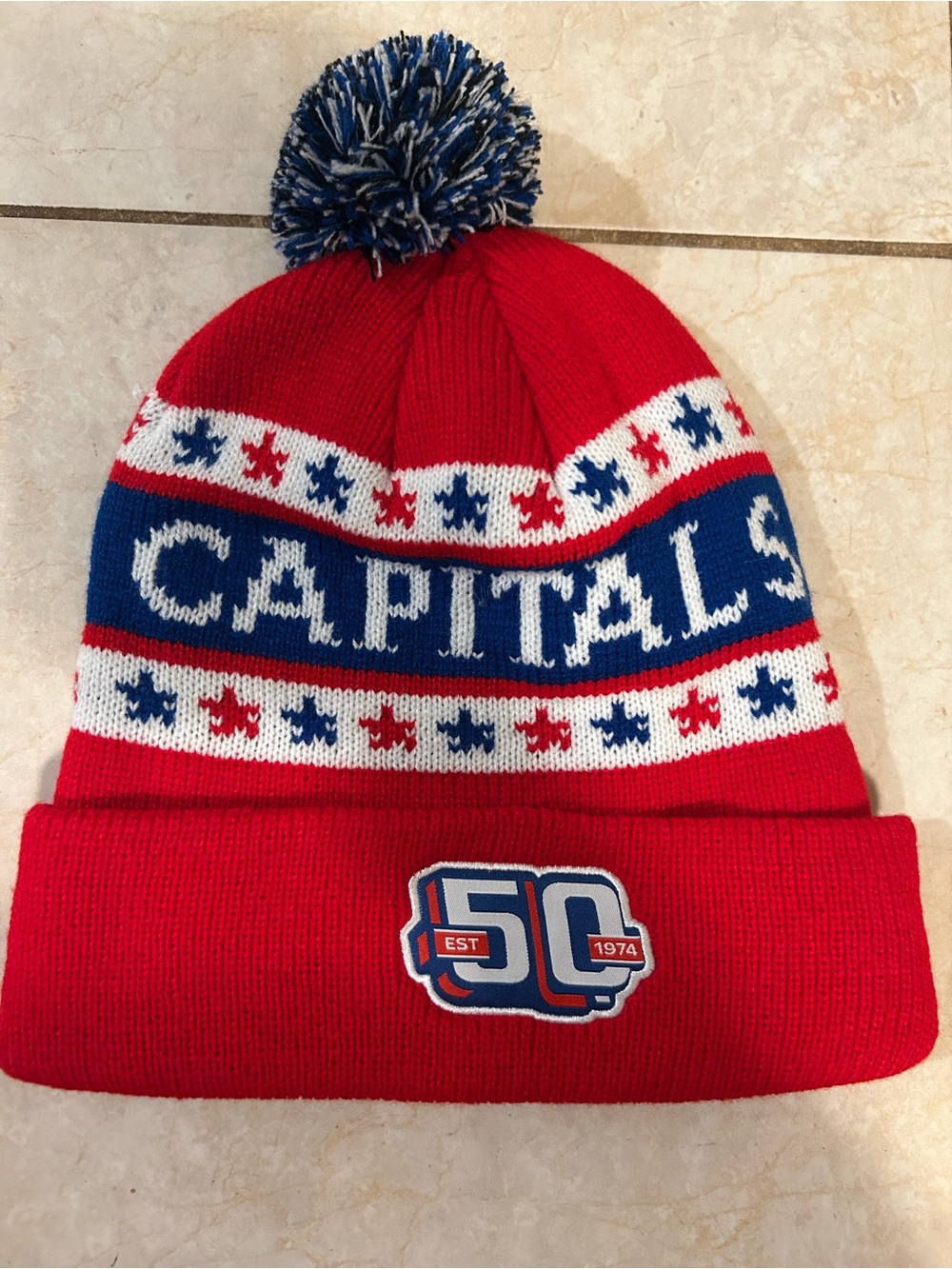Washington Capitals (Coyote) 50th Anniversary Red White Blue Beanie Tuque Hat